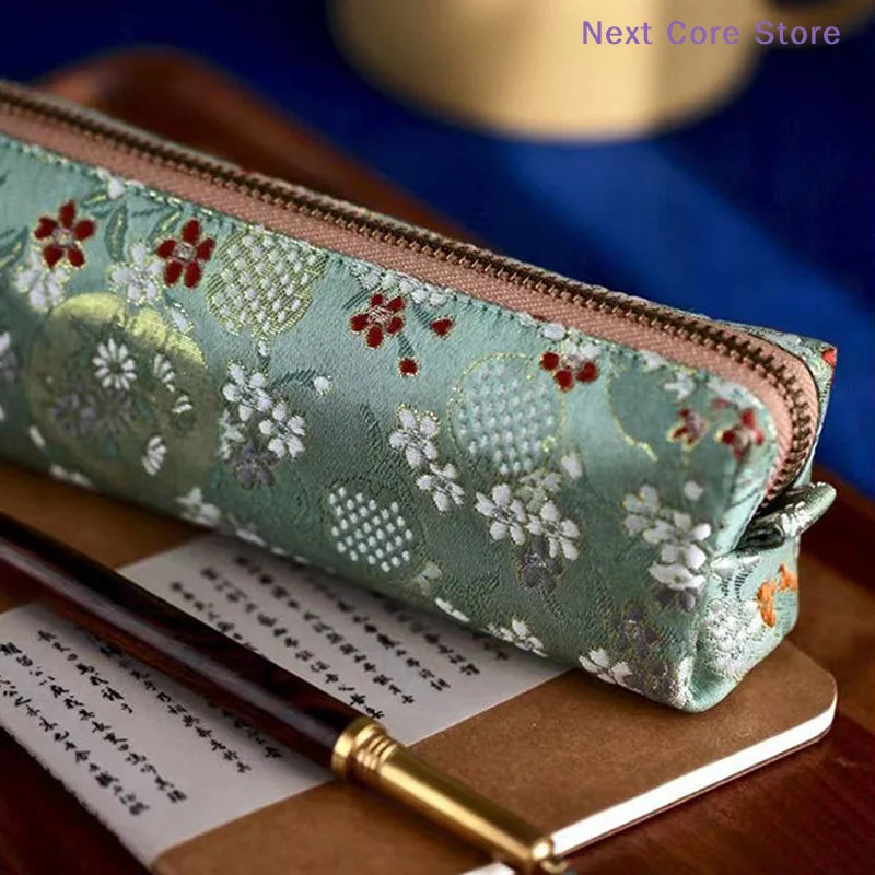 Vintage Embroidery Pencil Case Large Capacity Cotton Linen Pouch