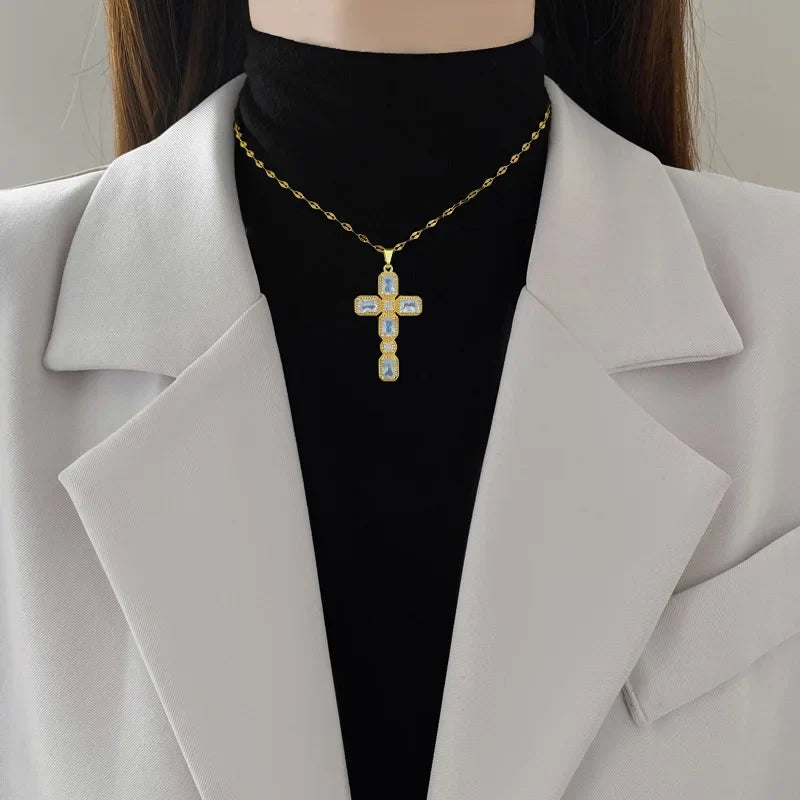 Women's Gold Cross Pendant Choker Necklace – Stainless Steel