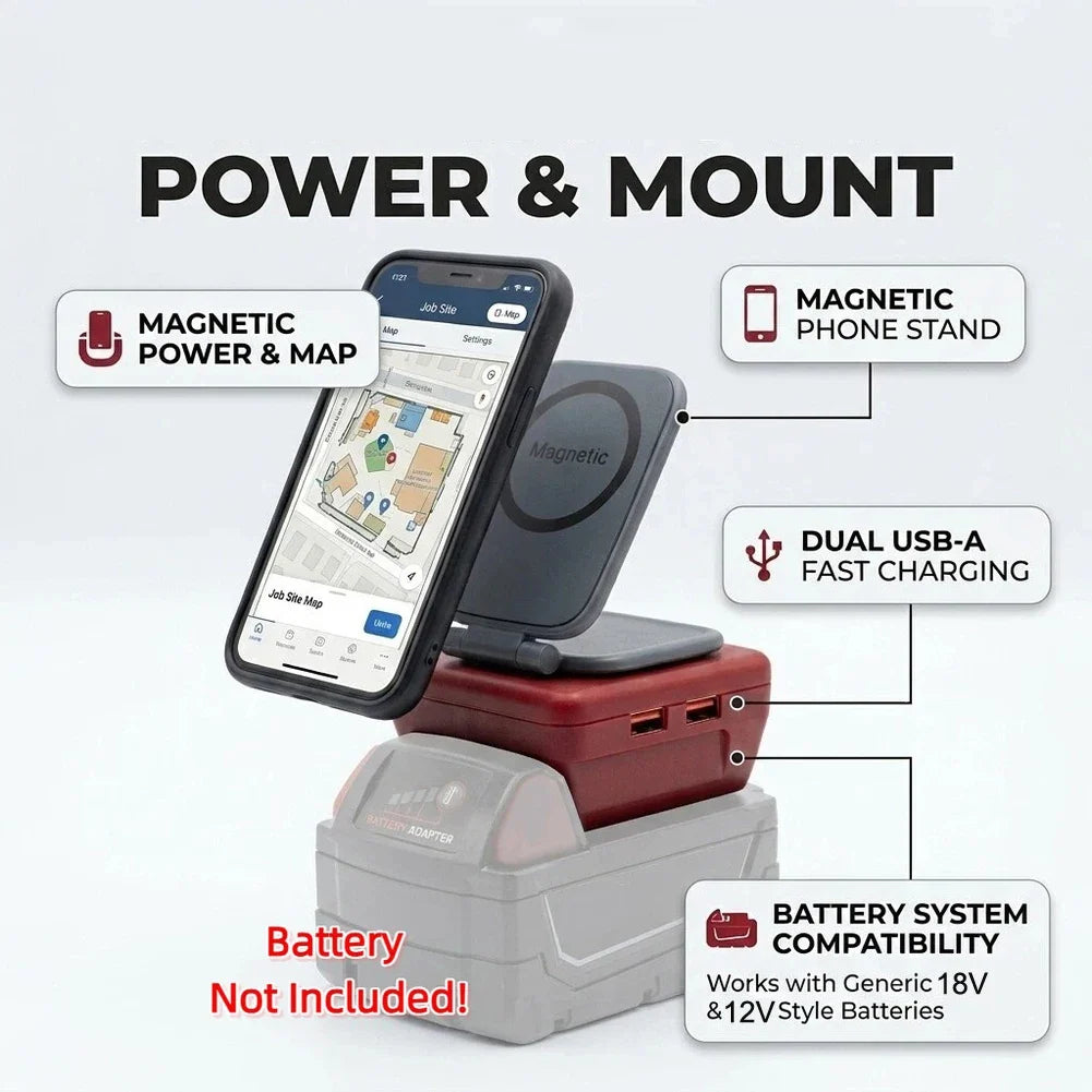 Magnetic Phone Holder Battery Adapter | Dual USB Charger 18V