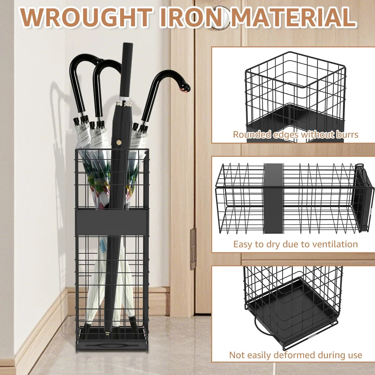 Square Metal Umbrella Stand with Detachable Drain Tray