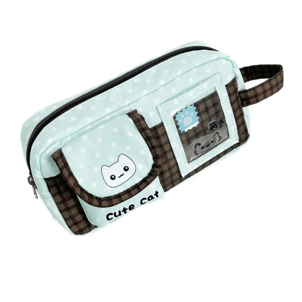 Mint Chocolate Cat Print Pencil Case – Large Capacity