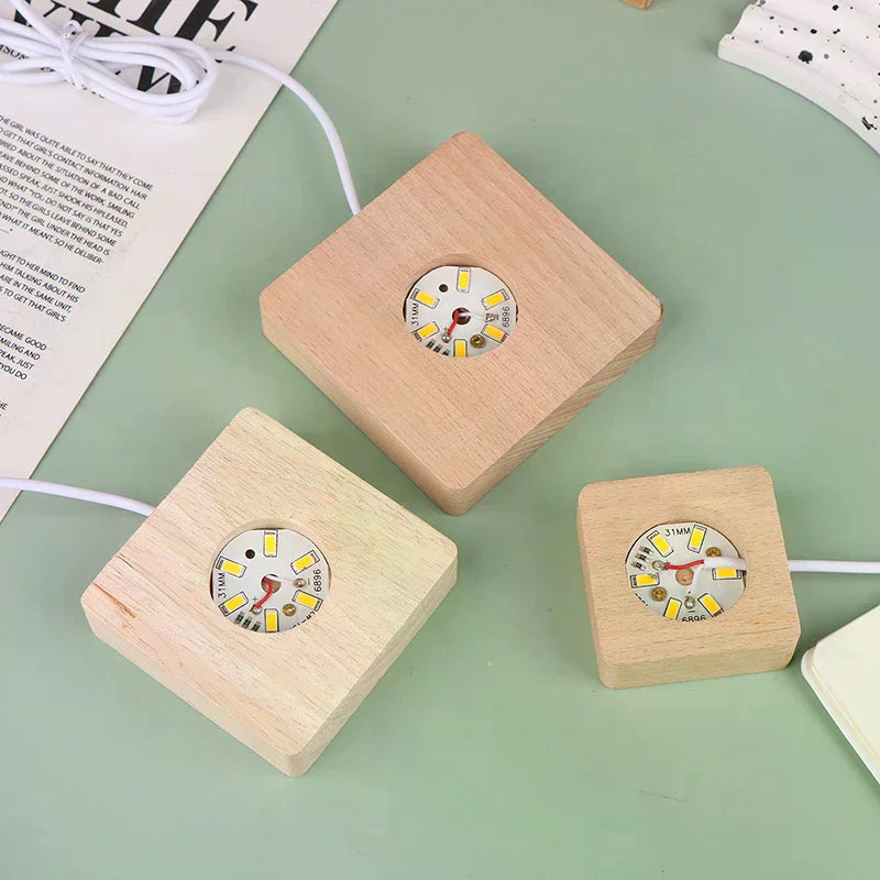 LED Solid Wood Square Night Light USB Lamp Base 5–10CM