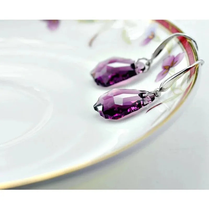 Women's Silver Purple Crystal Drop Necklace & Earrings Set