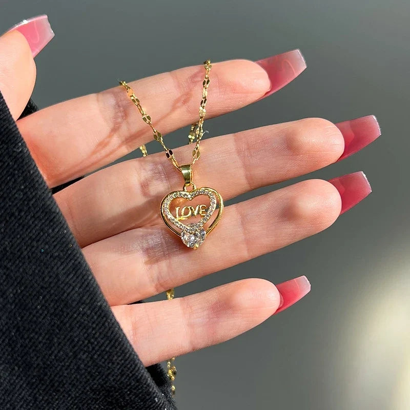 Women's Gold Heart Pendant Necklace | Zircon Clavicle Chain