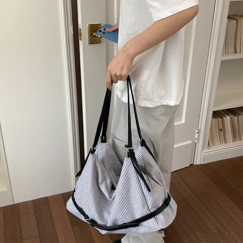 Korean Striped Canvas Tote Bag – Large Women's Shoulder Bag