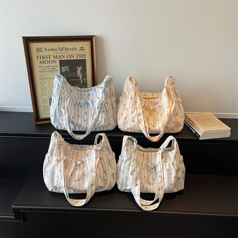 Japanese Minimalist Striped Canvas Dumpling Shoulder Bag