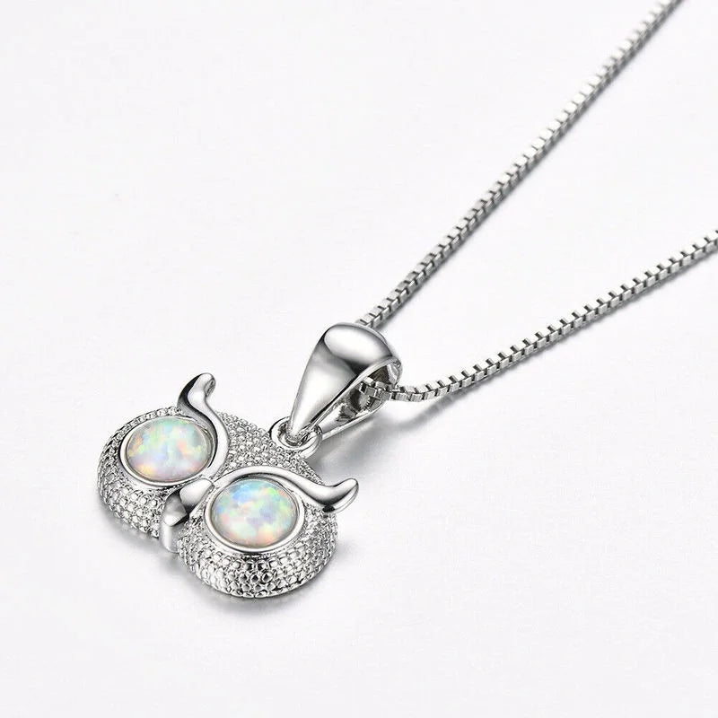 Women's Silver Blue Simulated Opal Owl Pendant Necklace