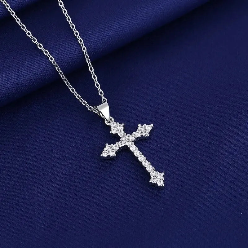 Women's Silver-Plated Cross Pendant Necklace with Rhinestones