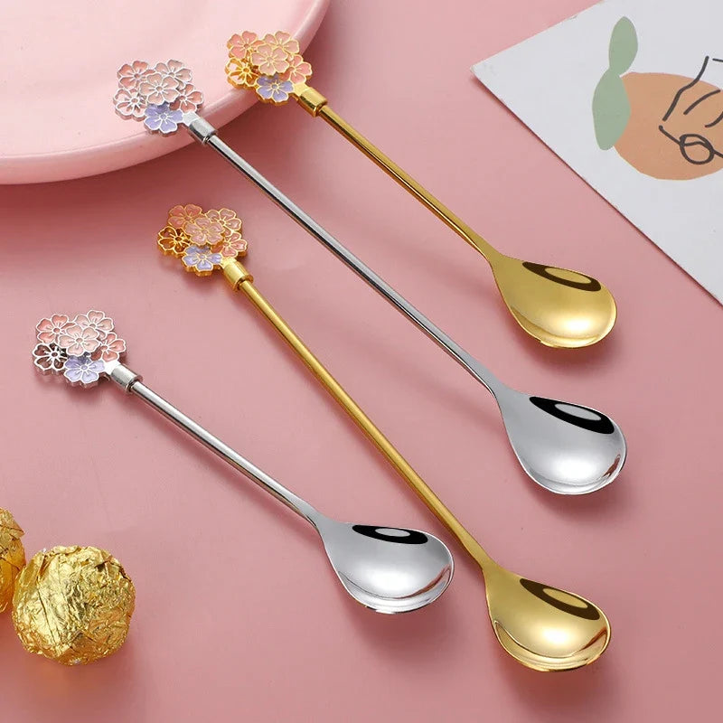 Stainless Steel Cherry Blossom Dessert Spoons, Set of 2