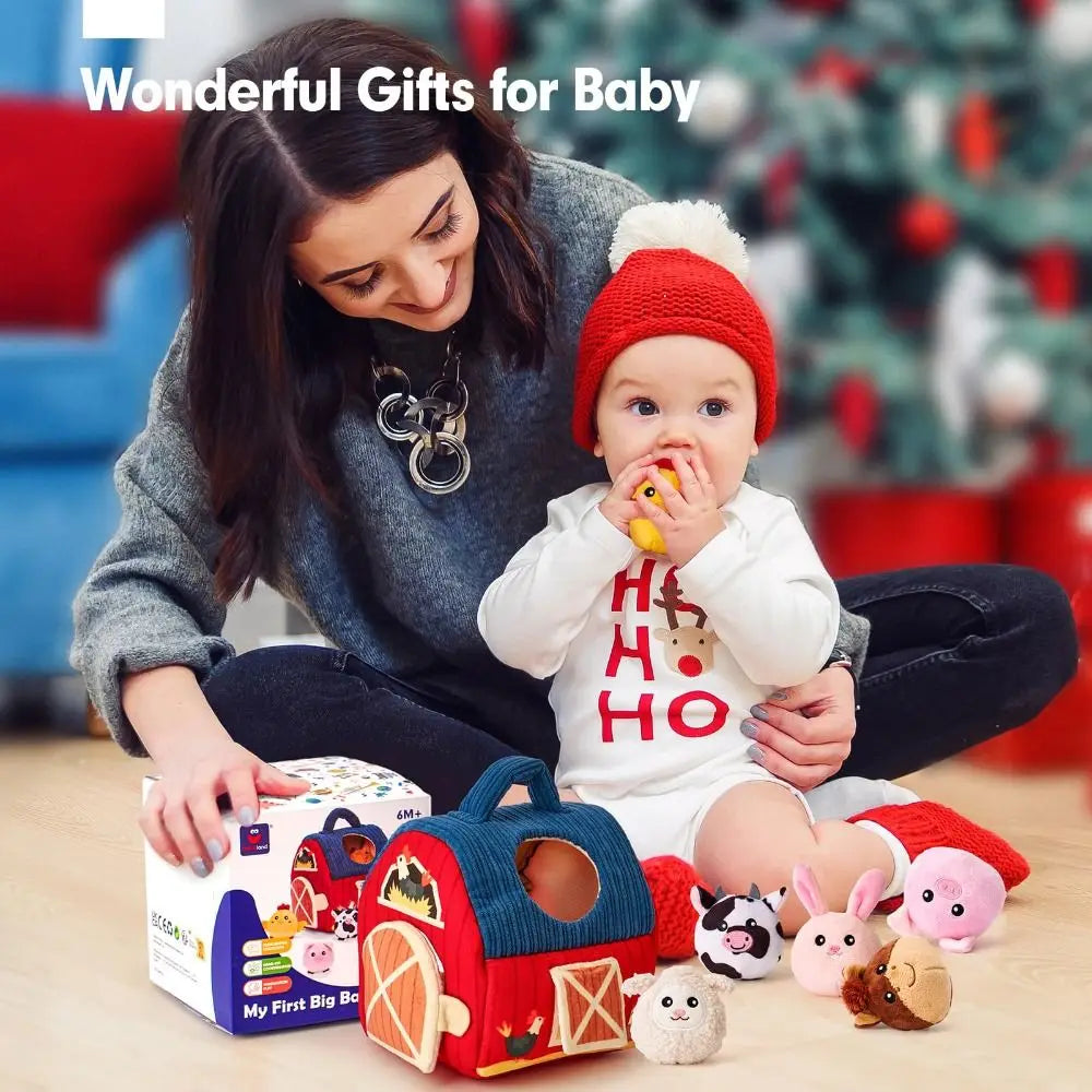 Plush Farm Barn Baby Toy Set – Montessori Sensory 6–12 Months