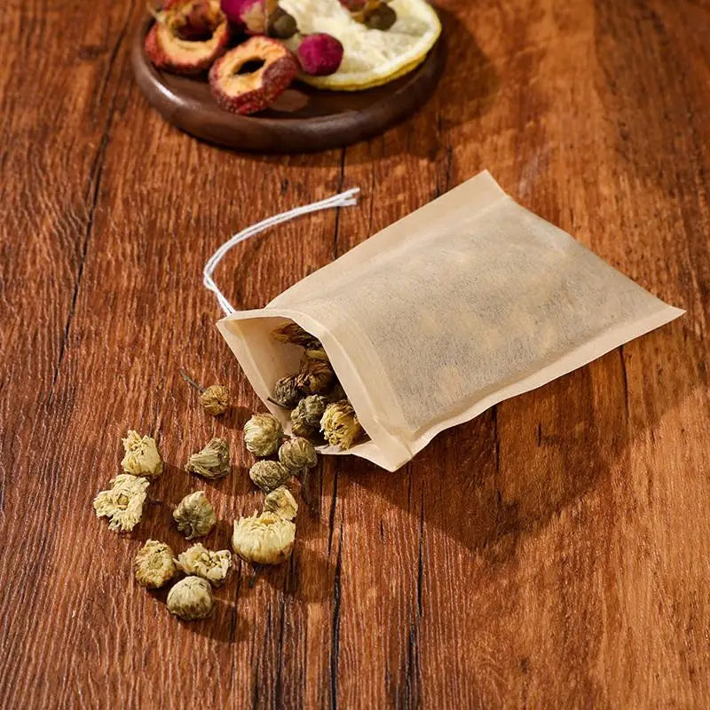 100 Pcs Natural Drawstring Tea Filter Bags – Wood Pulp Sachets