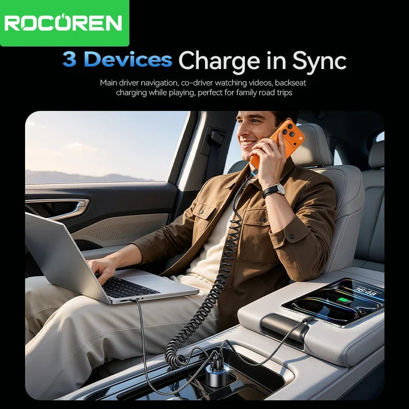 Rocoren 200W Car Charger PD 100W USB-C & Spring Cable