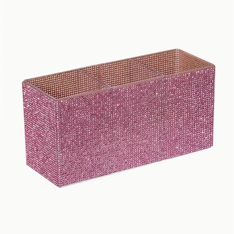 Rhinestone Makeup Brush Organizer – 3-Compartment Acrylic Box