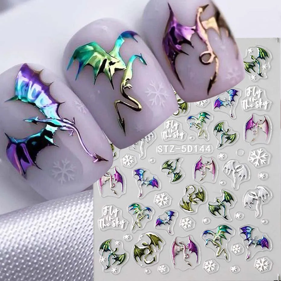 5D Embossed Dragon & Snowflake Nail Stickers – Metallic Decals