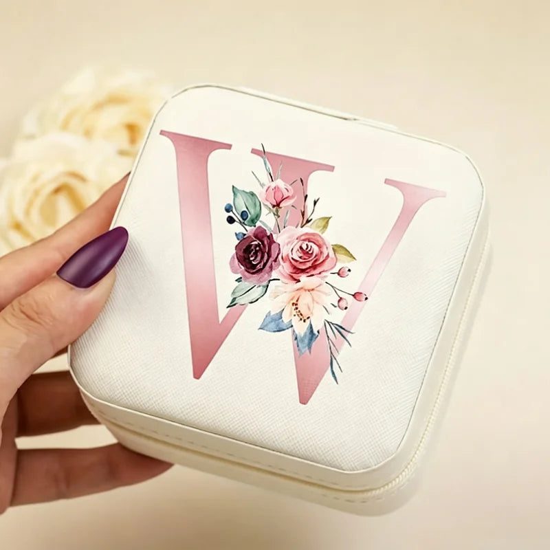 White Floral PU Leather Jewelry Box – A-Z Ring & Earring Organizer