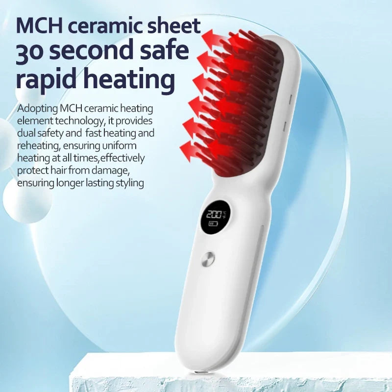 Wireless USB Rechargeable Hair Straightener Brush – Women & Men
