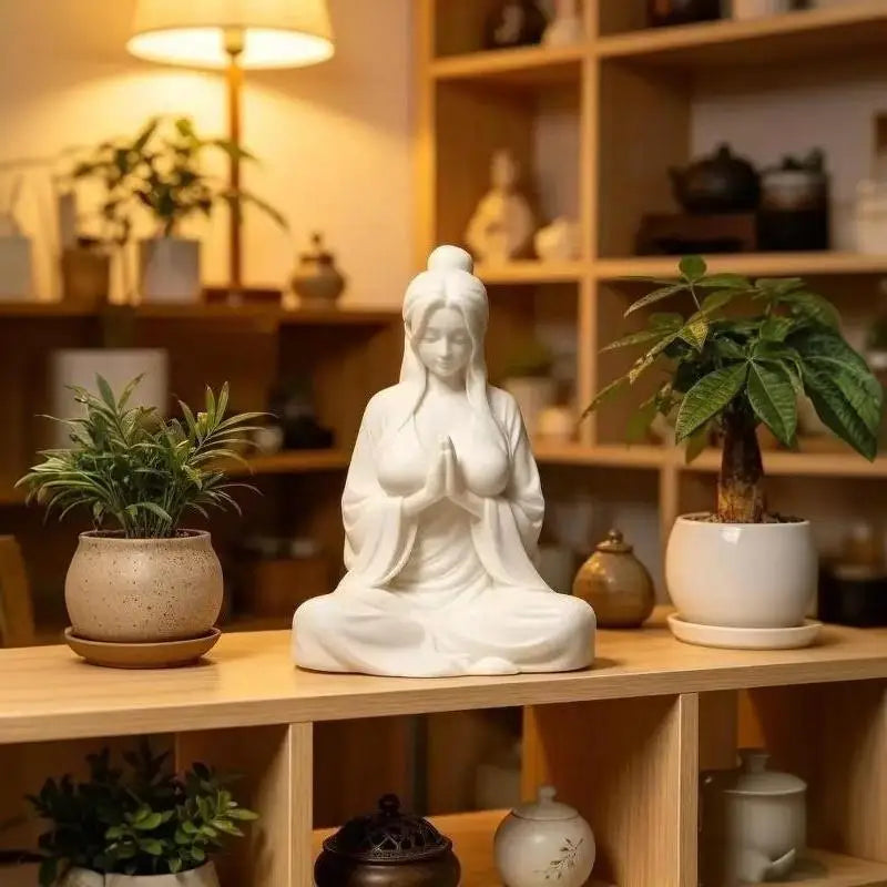 Mini Meditation Lady Figurine – Zen Matte White Desktop Statue