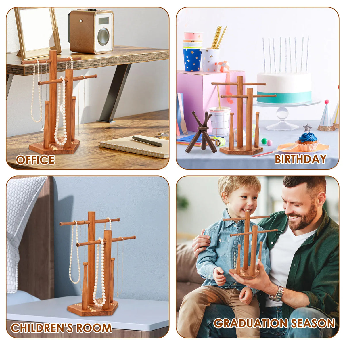 Wood Baseball Ring & Necklace Display Stand with Baseball Stand
