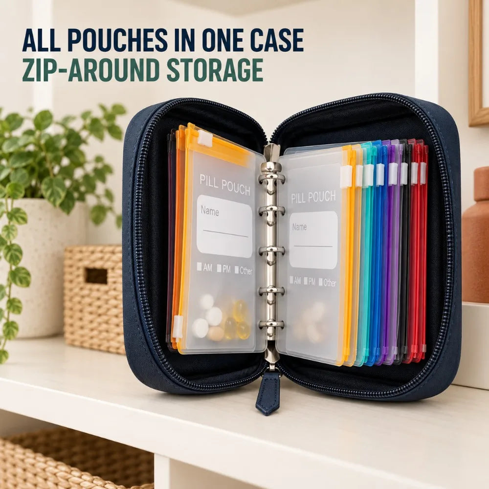 Compact Pill Organizer – 14 Zipper Pouches & Binder Case