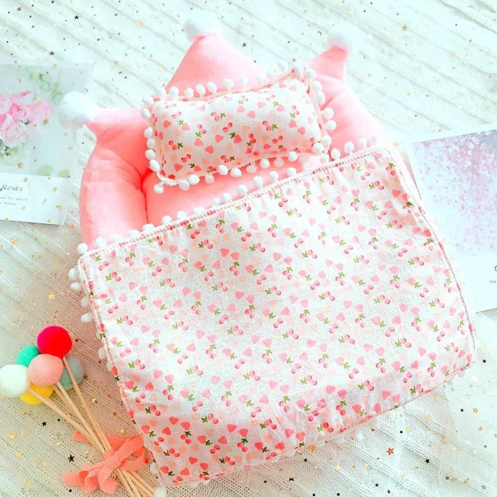 Mini Doll Bed 3-Piece Bedding Set for 10cm Dolls | Pink & Yellow