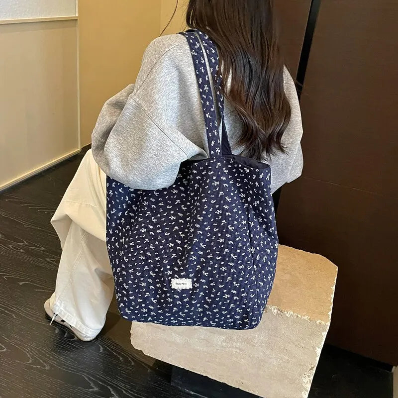 Korean Floral Canvas Tote Bag – Women's Spacious Shoulder Bag
