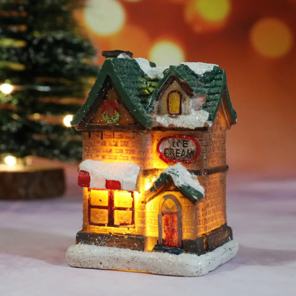 LED Miniature Christmas Village House Resin Ornament Decor
