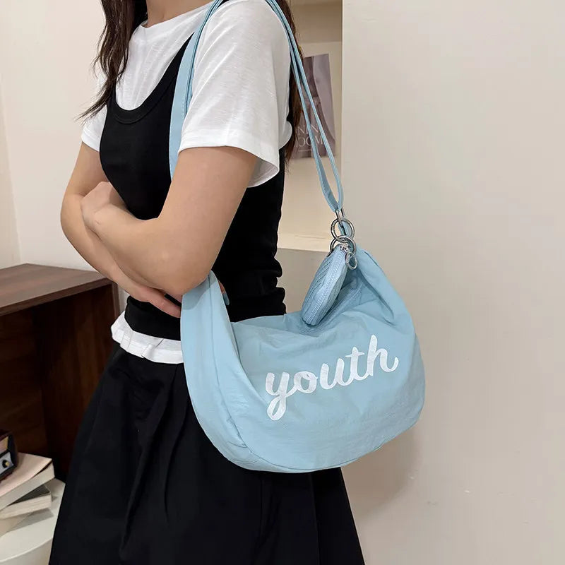 Korean Letter-Print Nylon Crossbody Bag – Large Capacity