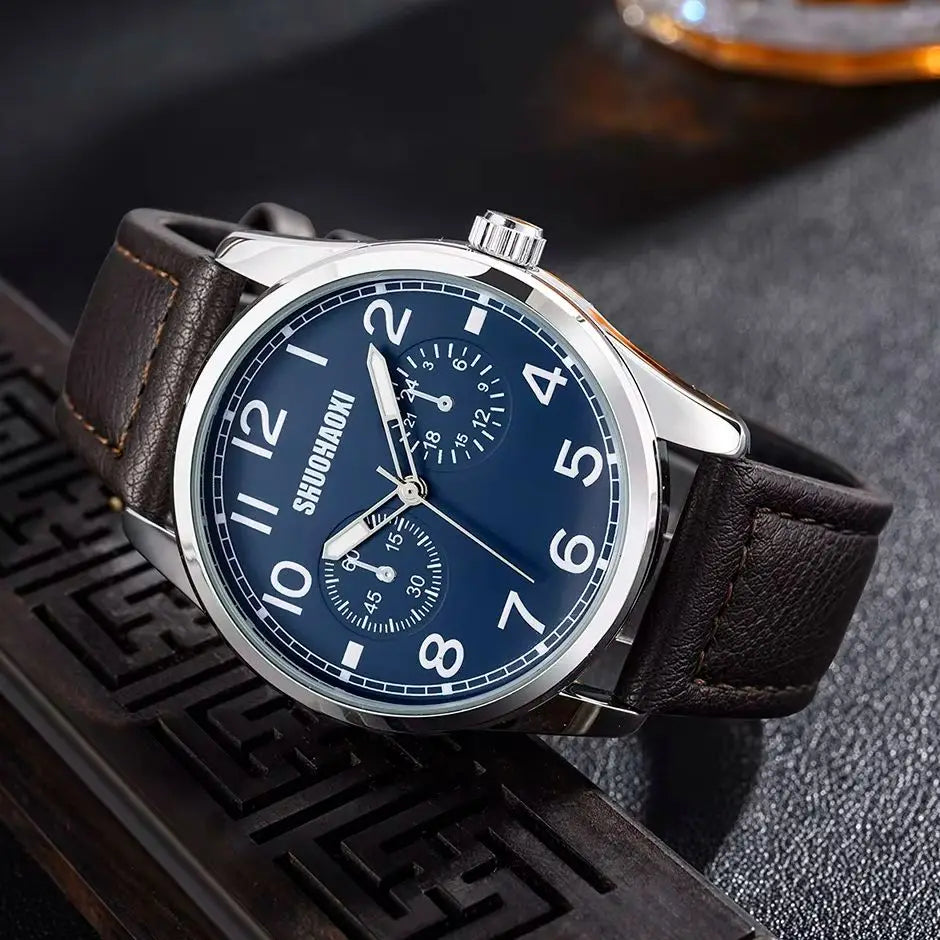 REBIRTH Retro Men's Quartz Watch – Black Leather Strap Large Dial