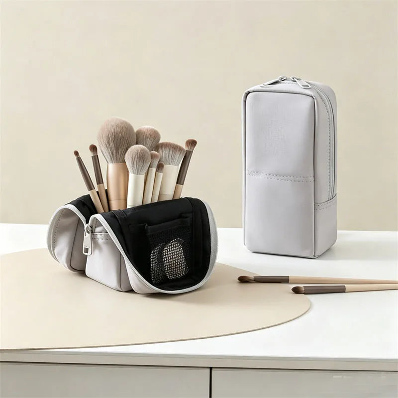 Foldable Standing Makeup Brush Case | Elastic Bands & Mesh Pocket