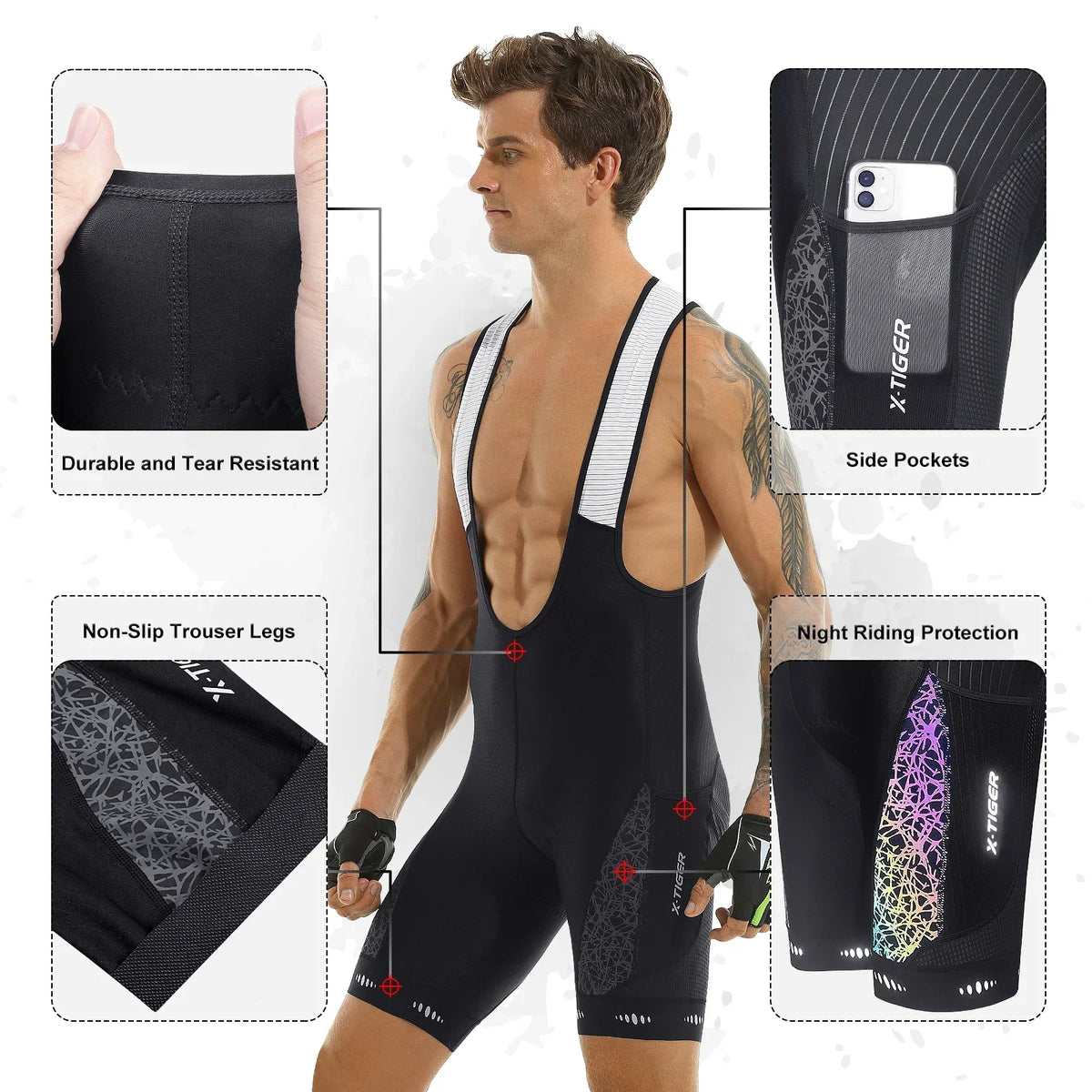 X-TIGER Men's 5D Padded Cycling Bib Shorts SPF 50+ MTB Road