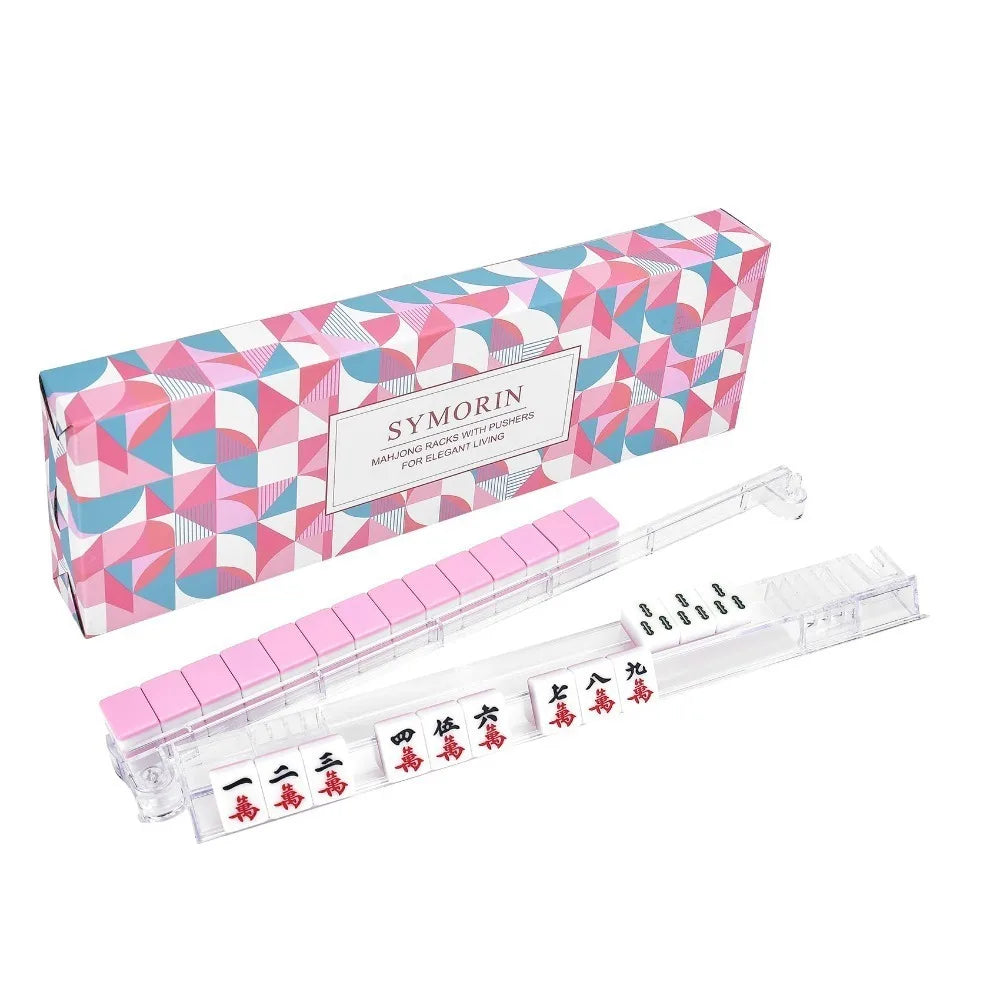 Crystal Clear Non-Slip Mahjong Tile Rack with Pusher Ruler