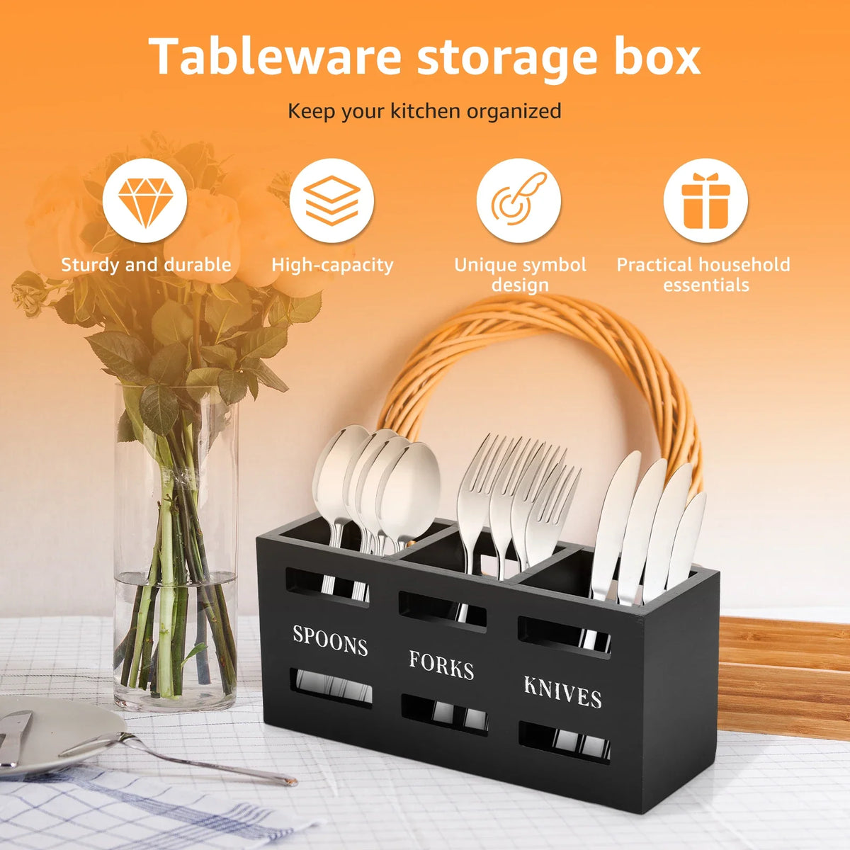 Wood Utensil Caddy – 3-Compartment Silverware Organizer