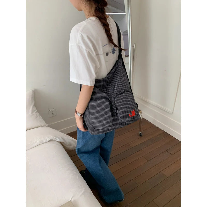 Plaid Multi-Pocket Canvas Backpack – Large Capacity Women's Bag