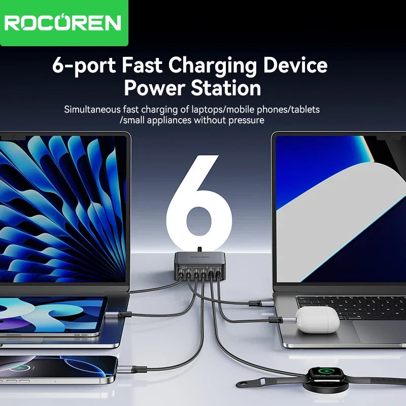 Rocoren 200W GaN Charger 6-Port USB-C PD Fast Charging Station