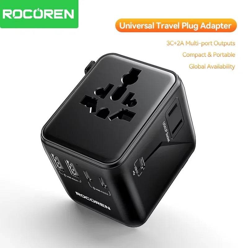 Rocoren Universal Travel Adapter GaN Fast Charging 2 USB 3 USB-C