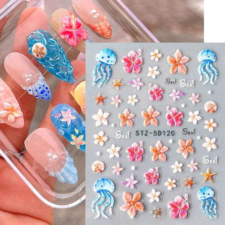 3D Ocean Beach Nail Stickers – Shells, Starfish & Floral Decals