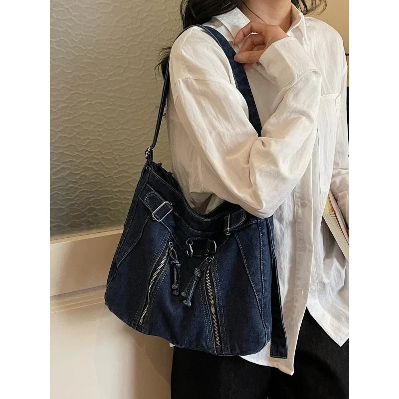 Vintage Denim Tote Bag – Large Crossbody Shoulder Bag
