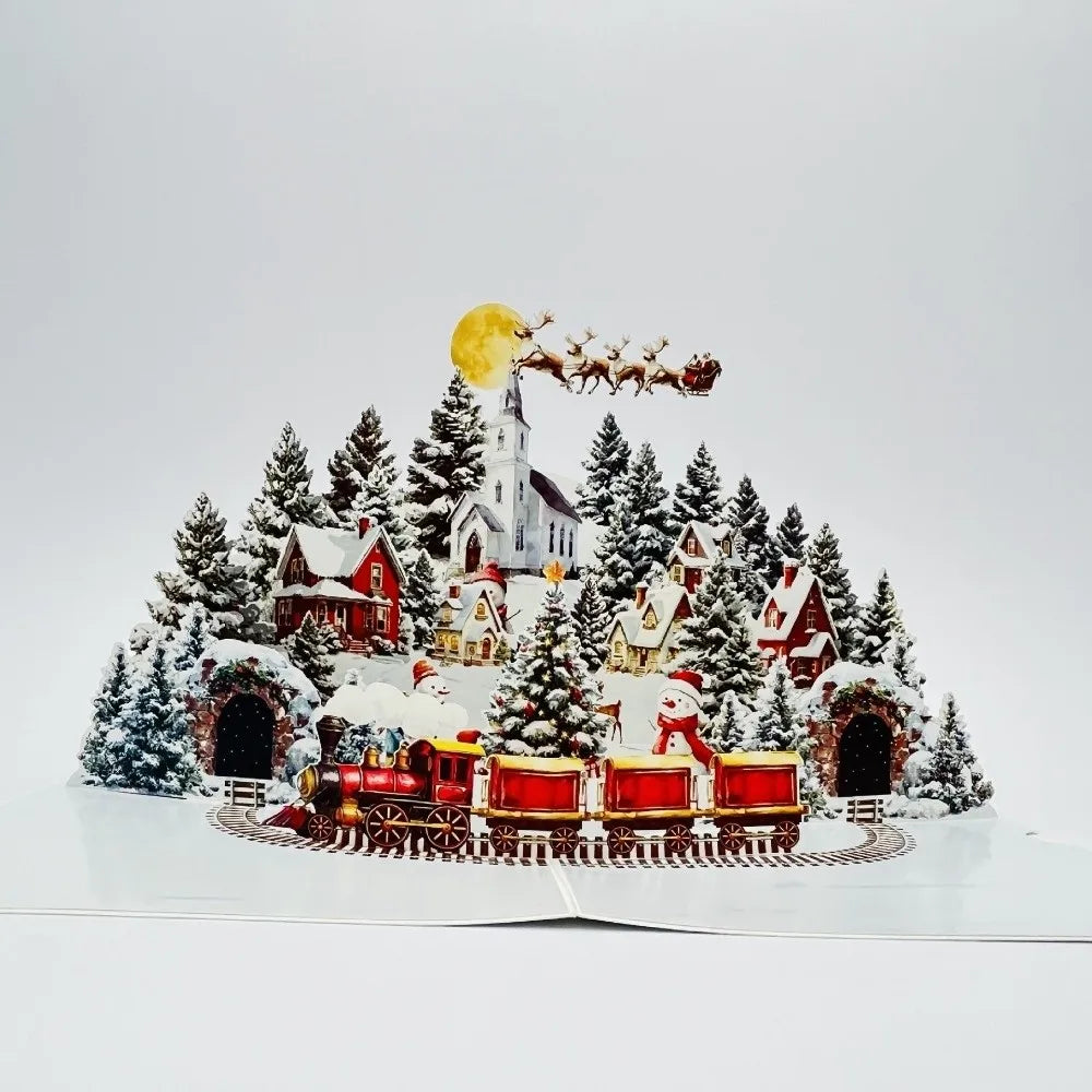 3D Pop-Up Christmas Card with Envelope – Snowy Village Scene