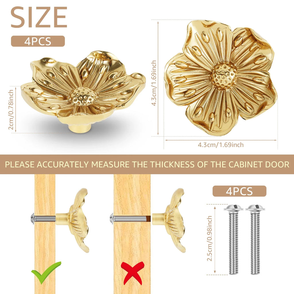 Brass Vintage Flower Cabinet Knobs | Set of 4 Drawer Pulls