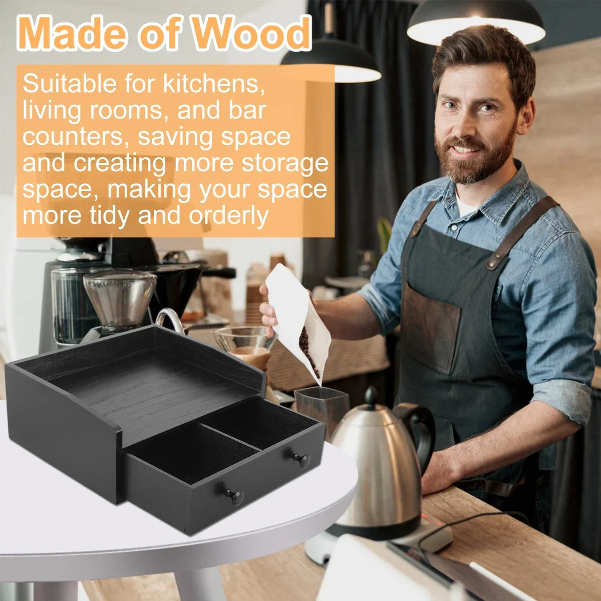 Wood Coffee Station Organizer with Drawer – Countertop Stand