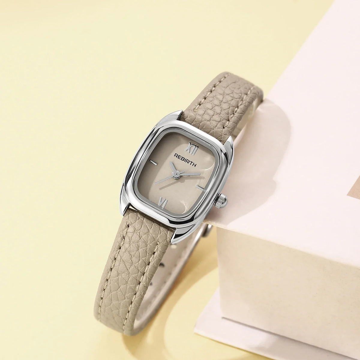 REBIRTH Square Women's Quartz Watch | Brown Leather Strap