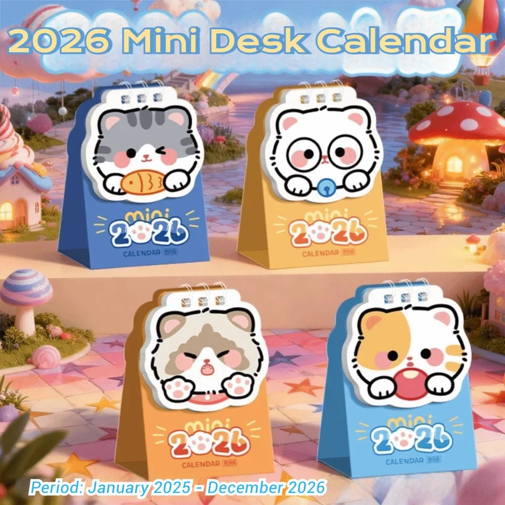 Cute Mini 2026 Desk Calendar – Cartoon Cat Planner Ornament