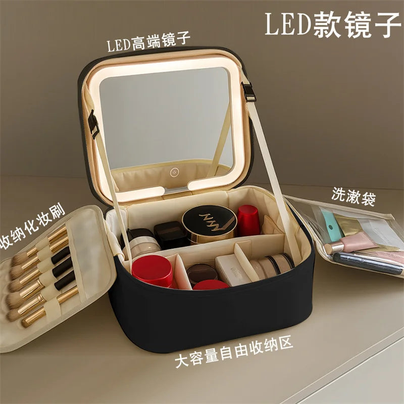 LED Lighted Makeup Bag with Mirror – Large PU Leather Organizer