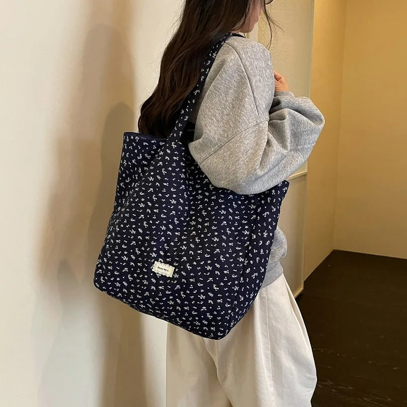Korean Floral Canvas Tote Bag – Women's Spacious Shoulder Bag