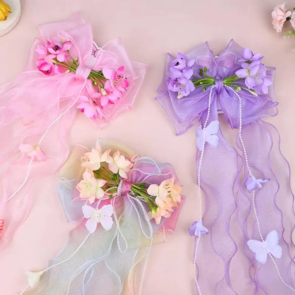 Pink Floral Bow Hair Clip Long Ribbon Butterfly Barrette