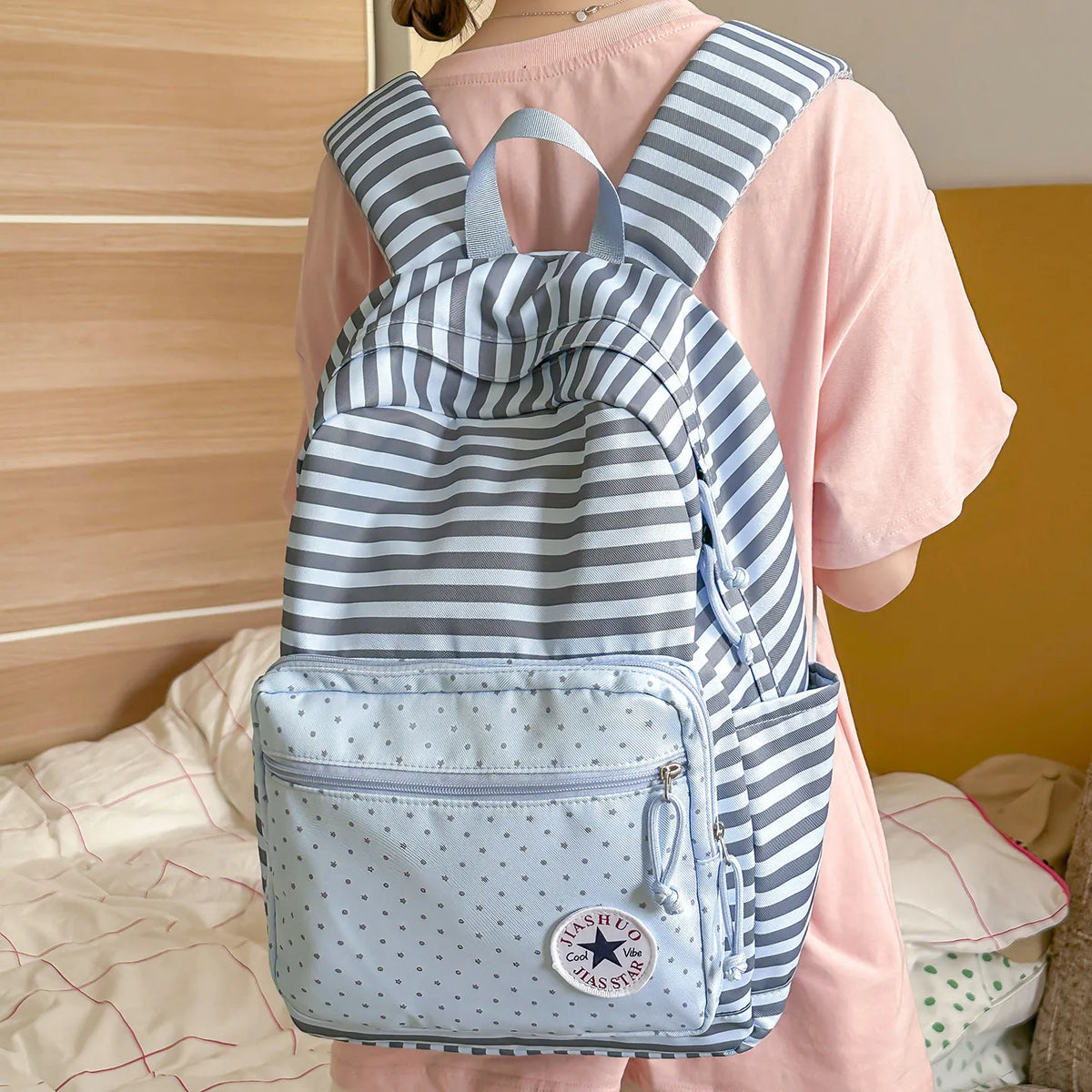 Korean Striped Patchwork Backpack – Large Capacity School Bag