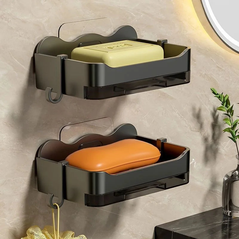 Wall-Mounted Soap Holder with Hook – No Drill, Drain Design