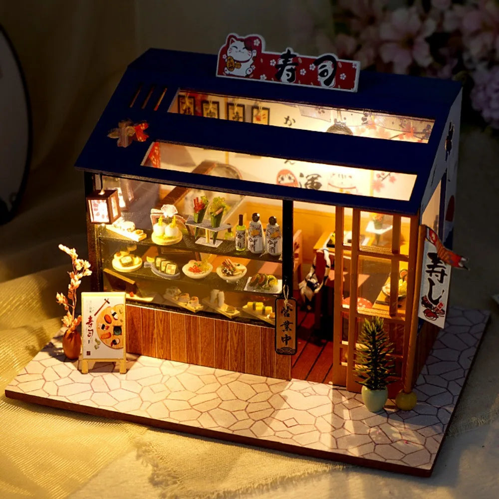Japanese DIY Dollhouse Kit – Sushi Flower Shop with LED Lights