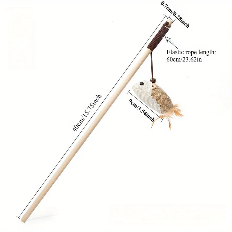 Wooden Mouse Wand Cat Toy – Interactive Pet Teaser Rod