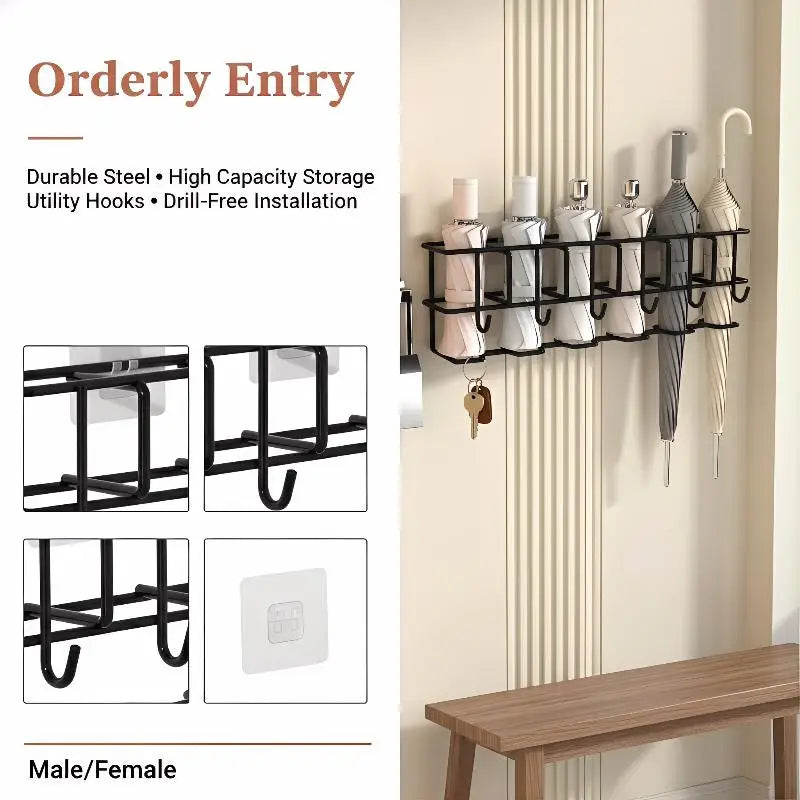 Wall-Mounted Umbrella Holder Indoor Storage Rack with Hooks